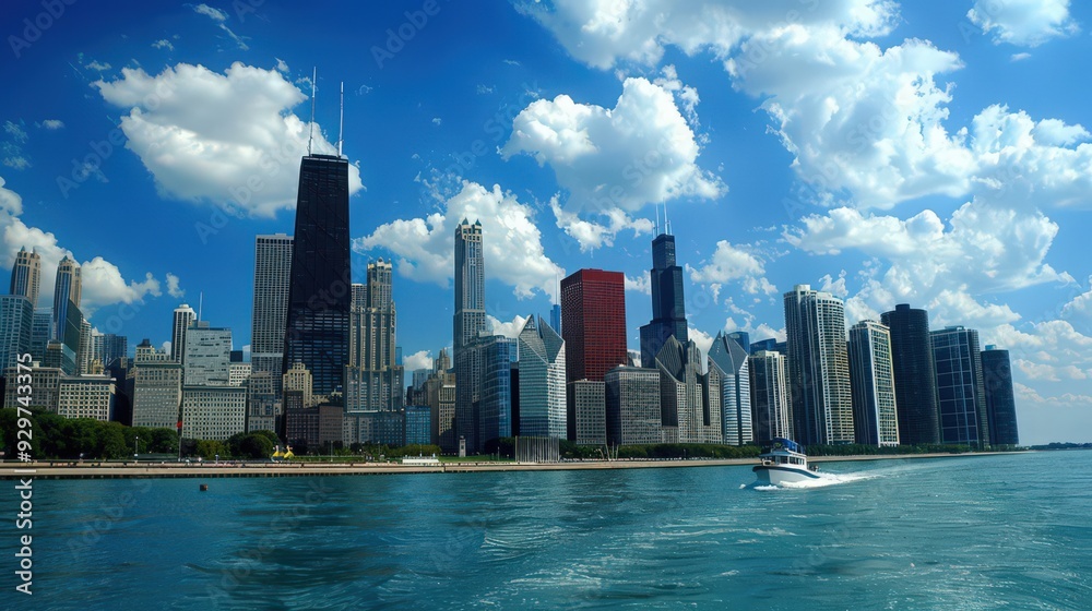 Fototapeta premium Present the Chicago skyline from the perspective of a boat on Lake Michigan, capturing the city's coastal charm