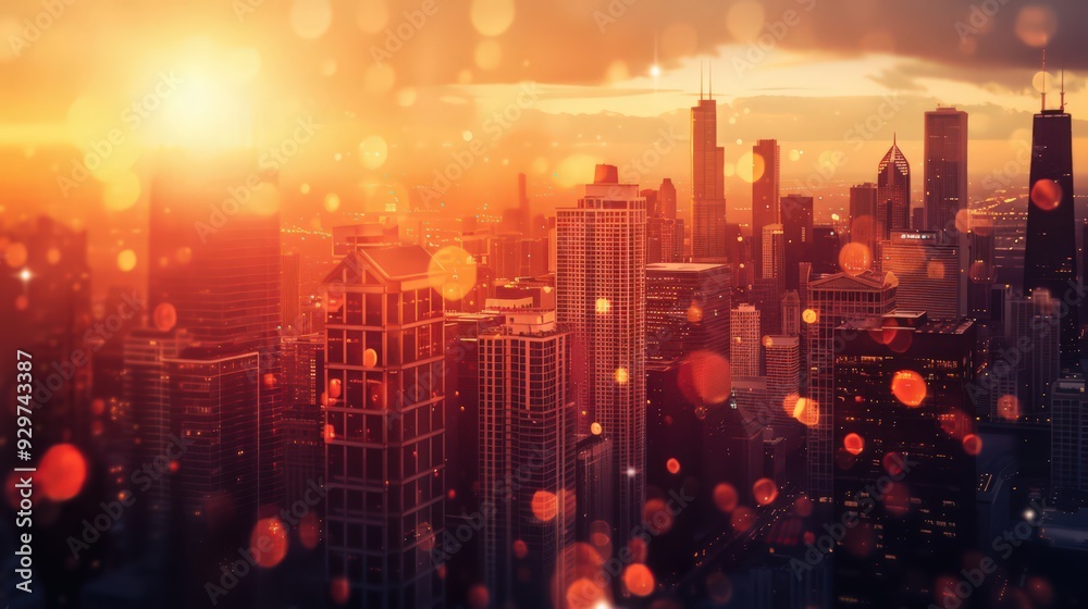 Present the Chicago skyline with a lens flare effect, creating a dynamic and lively atmosphere. Present the Chicago skyline with a lens flare effect, creating a dynamic and lively atmosphere.