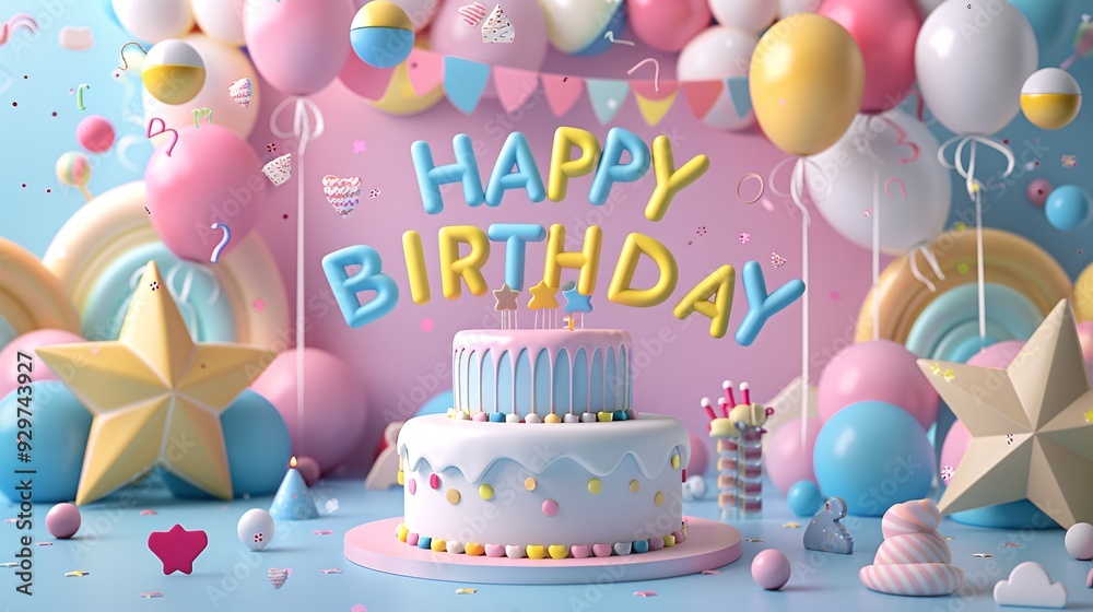 A vibrant and cheerful 3D birthday card design featuring a charming rainbow cake and balloons, with the words HAPPY BIRTHDAY A vibrant and cheerful 3D birthday card design featuring a charming rainbow cake and balloons, with the words HAPPY BIRTHDAY