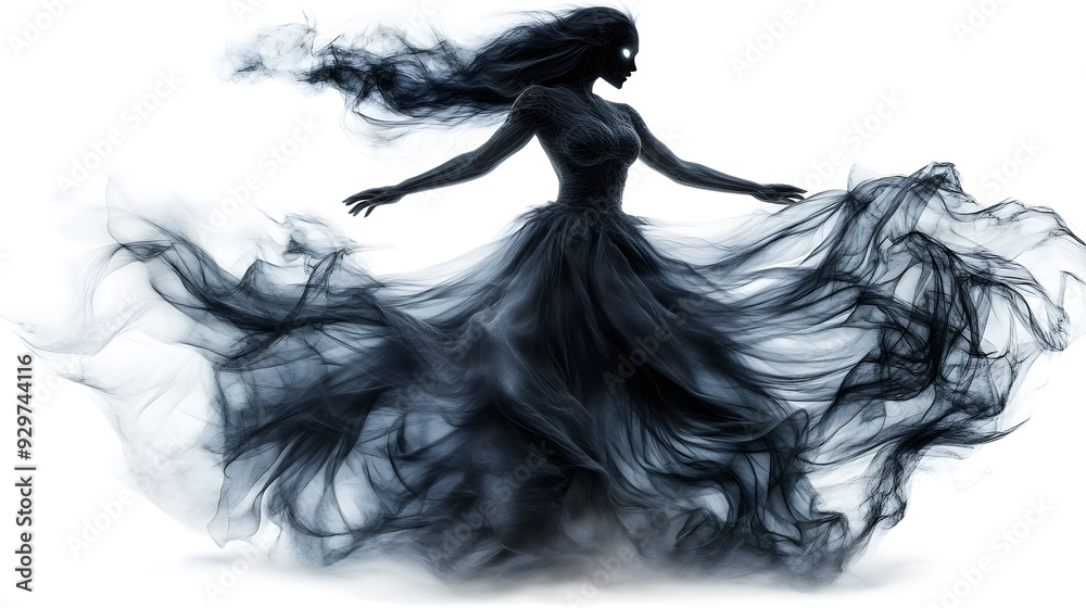 Fototapeta premium A haunted dancer with a flowing dress, wearing a Halloween party mask, ethereal glow, dark gothic style, highly detailed, isolated on white background