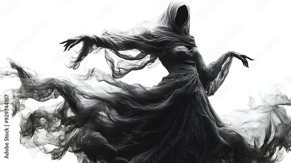 A haunted dancer with a flowing dress, wearing a Halloween party mask, ethereal glow, dark gothic style, highly detailed, isolated on white background A haunted dancer with a flowing dress, wearing a Halloween party mask, ethereal glow, dark gothic style, highly detailed, isolated on white background