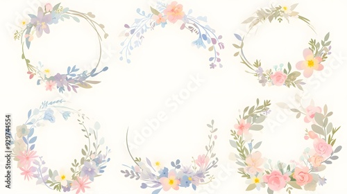 Floral Wreath Collection. Pastel Flower Arrangements with Leaves. Elegant Botanical Designs