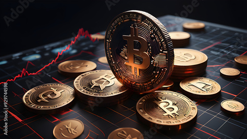 crypto currency gold bit coin over the black background.