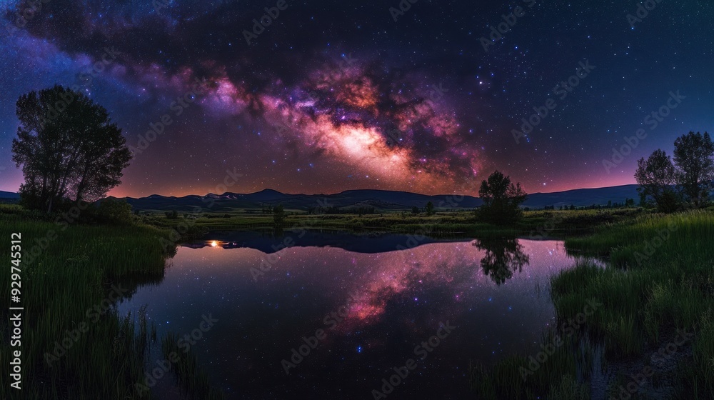 Milky Way Galaxy Reflected in a Still Pond at Night Milky Way Galaxy Reflected in a Still Pond at Night