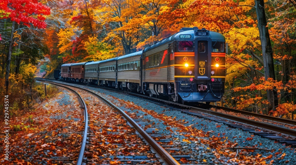 Fototapeta premium Show a passenger train in an autumn setting with colorful fall foliage and fallen leaves scattered along the tracks