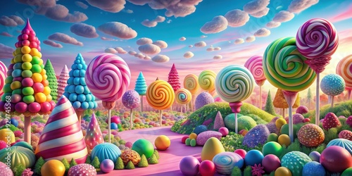 Colorful and whimsical candy land scene with candy cane trees, gumdrop mountains, and lollipop flowers, sweet, magical, fantasy