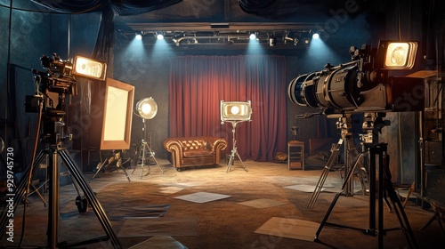 Film Studio Set with Red Curtains, Lights, and a Leather Armchair photo