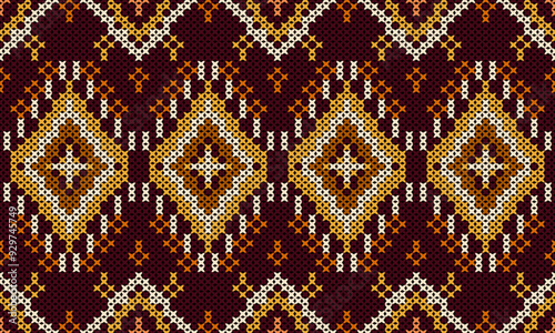 Seamless Knitted Pattern. Heart Cross Stitch Embroidery seamless pattern on background. Design for fashion texture,fabric,clothing,wrapping,print geometric ethnic oriental.