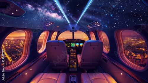 Show a private jet during a night flight, with starry skies and distant city lights visible from the cabin windows photo