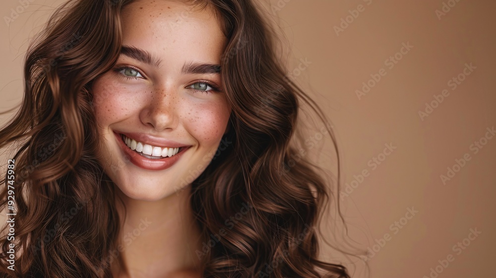 Gorgeous dark-haired model with cascading ringlets. Happy lady with wavy locks. Fashion, attractiveness, and cosmetics portrait. Therapy, nourishment, and wellness rituals.