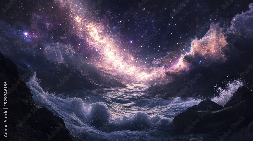 Fototapeta premium A Starry Night Sky Over a Raging Sea with Rocky Shores