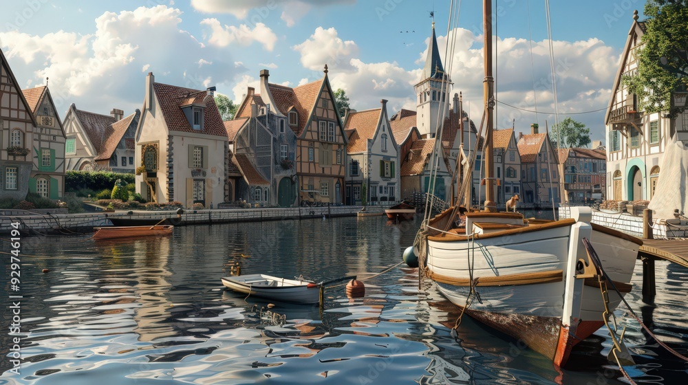 Fototapeta premium Show a sailboat docked at a quaint seaside village, with charming buildings and cobblestone streets visible in the background