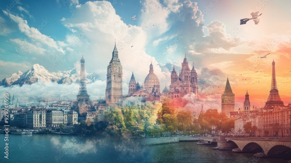 Fototapeta premium A Collage of European Landmarks with a Dreamy Sky