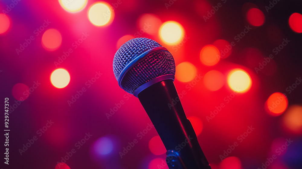 Obraz premium A microphone is pointed at a blurry background. The microphone is black and silver