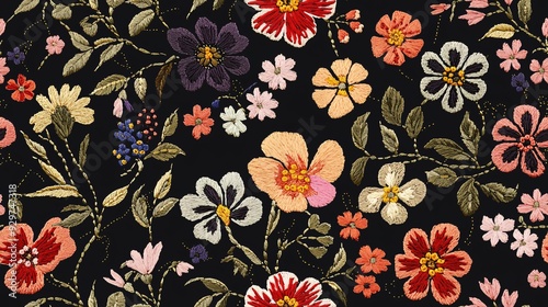 Seamless embroidery design featuring exquisite blossoms on a deep backdrop, perfect for textile or paper applications.
