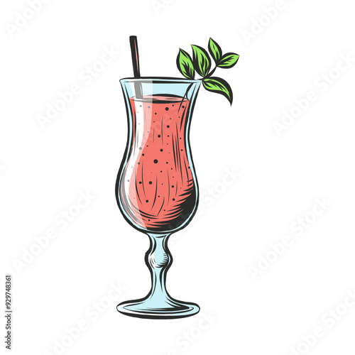 Pink cocktail with straw and mint leaves. Alcohol drink for bar. Non-alcoholic beverage. vector illustration isolated on transparent background. Beverage drawing for posters, menu, decoration, bar