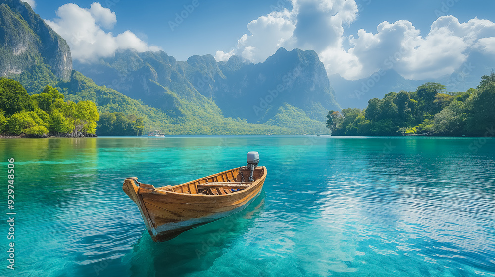A boat is floating on a lake with mountains in the background. The water is clear and calm A boat is floating on a lake with mountains in the background. The water is clear and calm