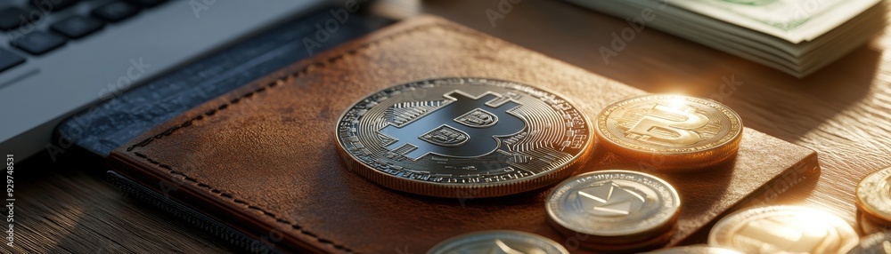 Wallet with cash and digital coins, representing financial diversity, 3D illustration Wallet with cash and digital coins, representing financial diversity, 3D illustration