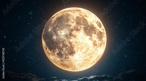 Detailed close-up of the full moon in the night sky, capturing its surface features and radiant light.