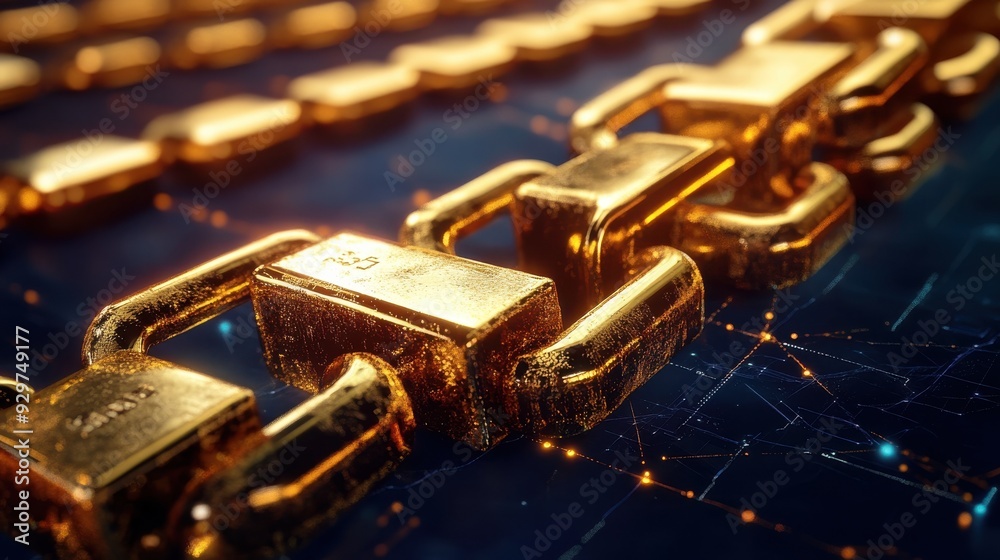Gold bars forming a digital chain, secure investment, 3D illustration Gold bars forming a digital chain, secure investment, 3D illustration