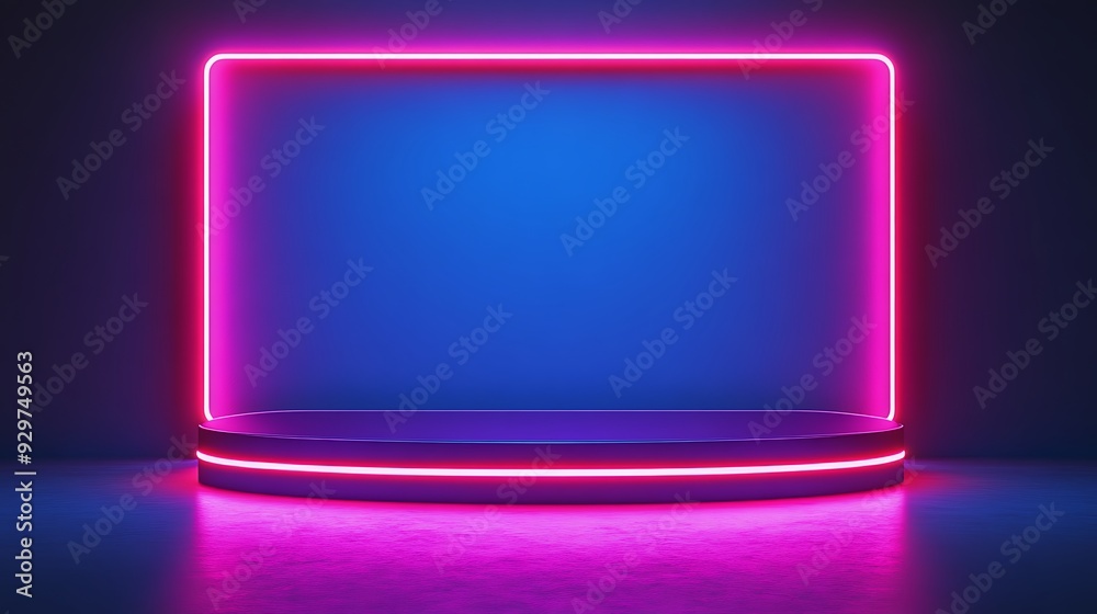 Pink neon light frame around an empty pedestal on a blue background. Pink neon light frame around an empty pedestal on a blue background.