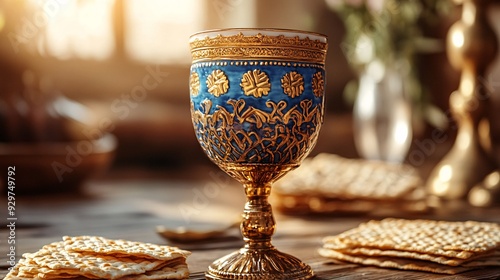 Pesach wine cup decorated with matzah symbols, reflecting traditional Passover decor and celebration.