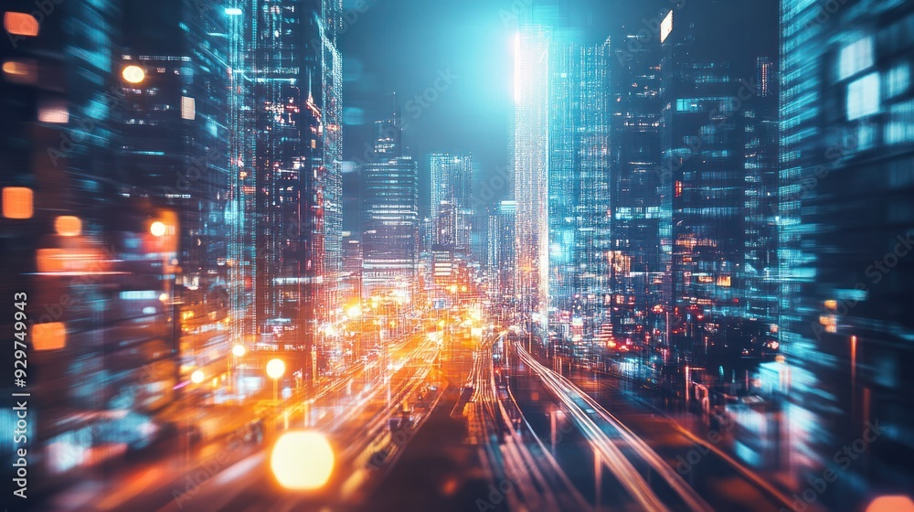 Nighttime Cityscape with Blurry Lights and Motion Effects Nighttime Cityscape with Blurry Lights and Motion Effects