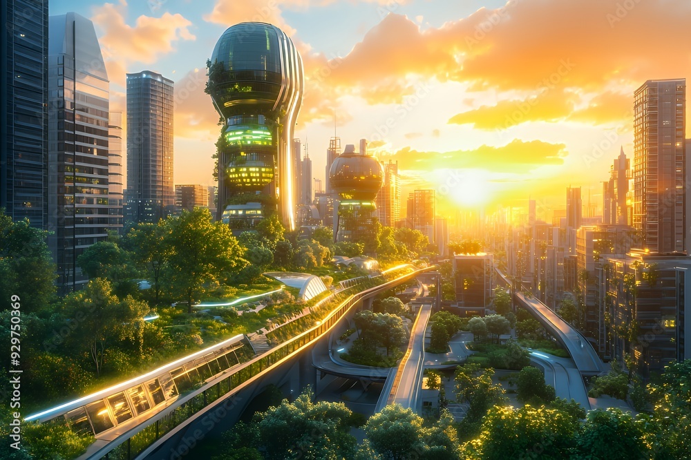 Fototapeta premium Futuristic cityscape at sunset with greenery and advanced architecture.