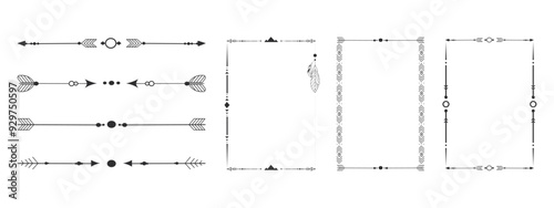 Frame set with tribal native indian arrow, ornament. Border thin line divider decoration with feather, simple motif on white background