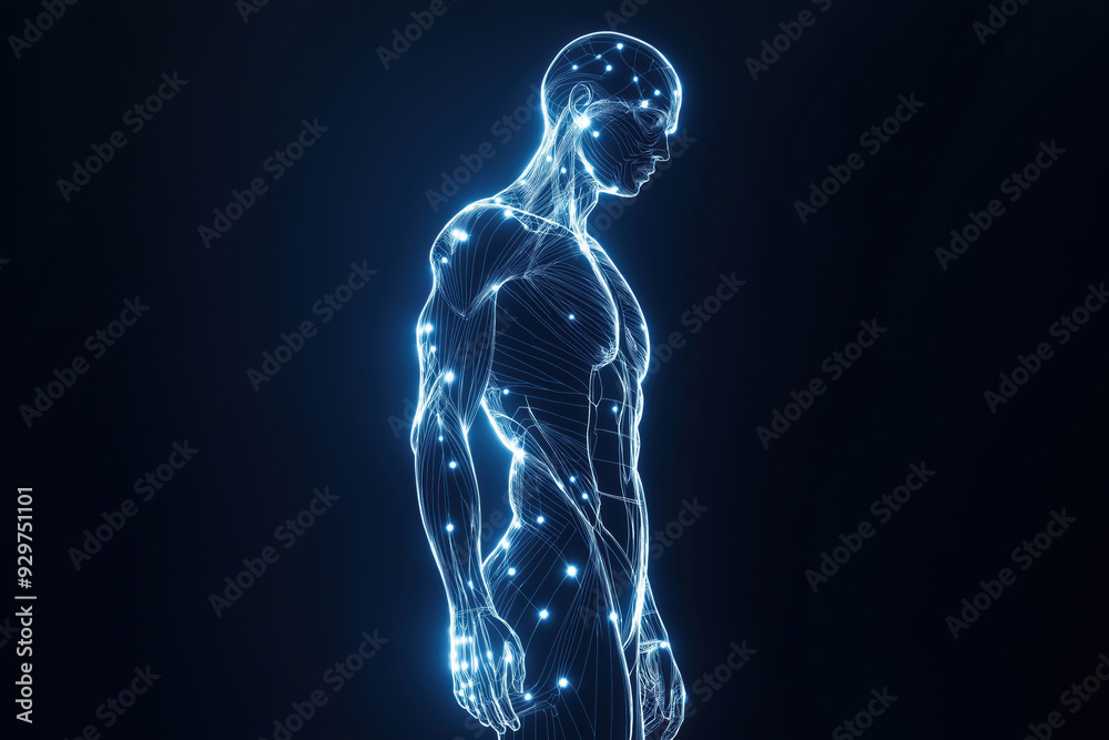 A man is standing in a dark room with a blue background