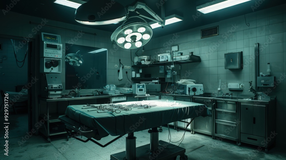 The surgery room is meticulously prepared, with a surgical table centered under intense lighting. The surgery room is meticulously prepared, with a surgical table centered under intense lighting.