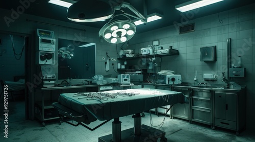 The surgery room is meticulously prepared, with a surgical table centered under intense lighting.