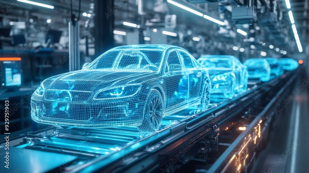 Cars are moving on a conveyor belt in an automotive factory. in wireframe hologram format Equipped with state-of-the-art hi-tech technology Cars are moving on a conveyor belt in an automotive factory. in wireframe hologram format Equipped with state-of-the-art hi-tech technology