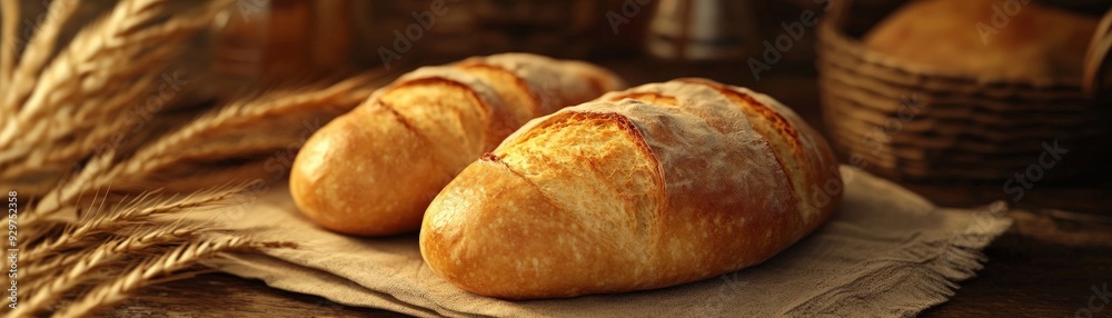 Freshly baked rustic bread loaves on a wooden table with wheat stalks, perfect for bakery or culinary themes. Freshly baked rustic bread loaves on a wooden table with wheat stalks, perfect for bakery or culinary themes.