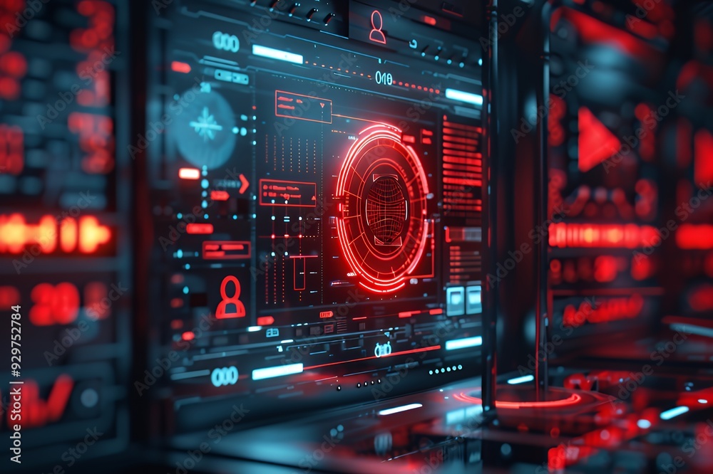 Futuristic control panel with glowing red elements and digital interfaces. Futuristic control panel with glowing red elements and digital interfaces.