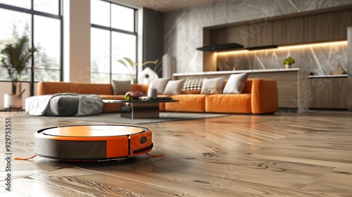 A view of a trendy living area with a salmon robot vacuum machine sweeping the floor