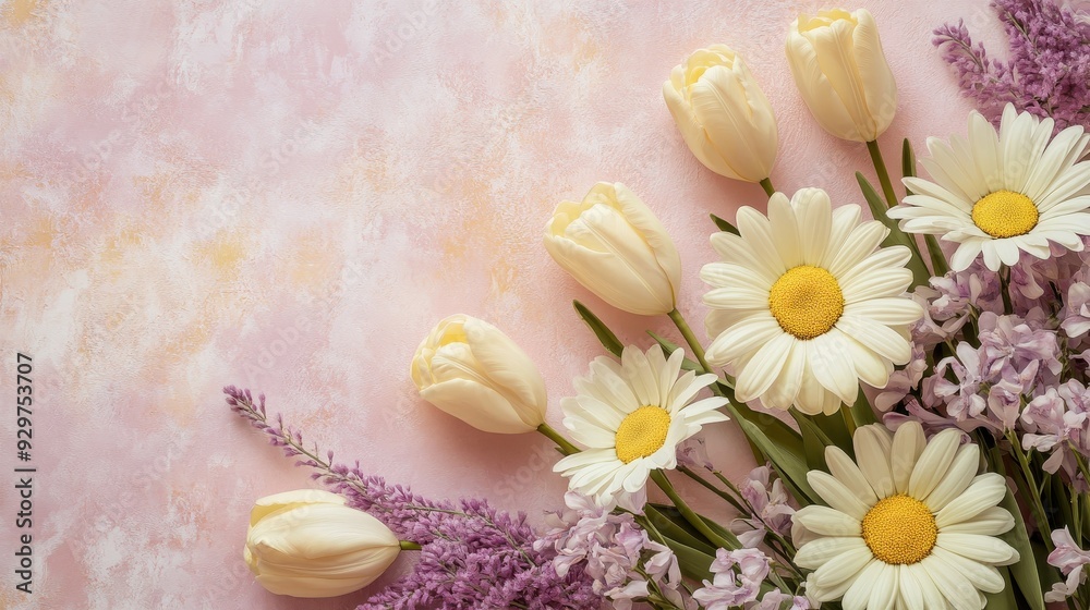 A beautiful arrangement of tulips and daisies on a pastel background. A beautiful arrangement of tulips and daisies on a pastel background.