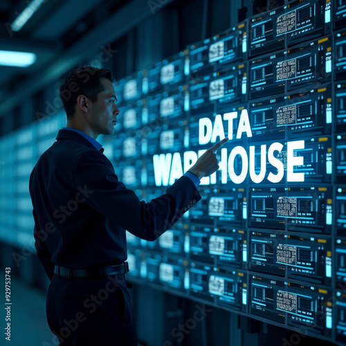 Futuristic data warehouse concept with an IT professional surrounded by virtual storage racks and digital databases in a high-tech environment