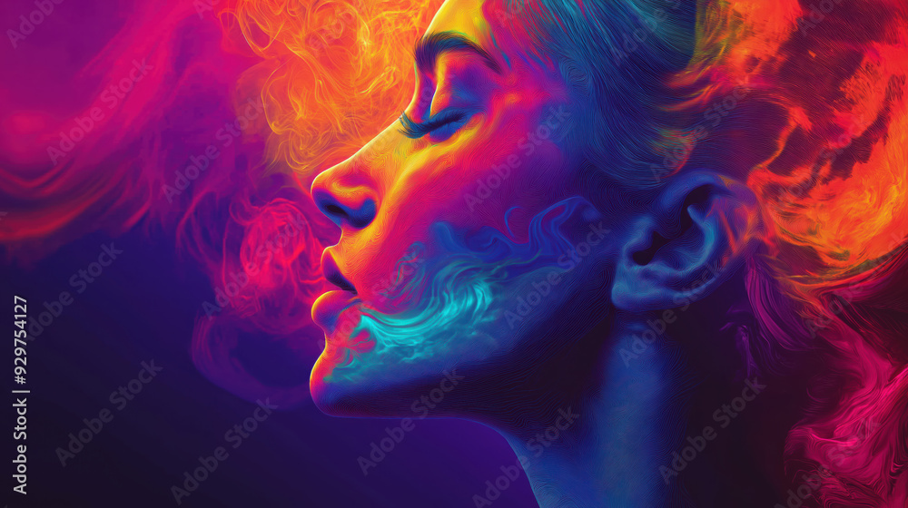 A woman's face is painted with bright colors and smoke A woman's face is painted with bright colors and smoke