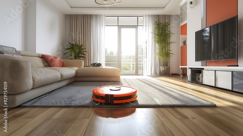 A view of a trendy living area with a salmon robot vacuum machine sweeping the floor photo