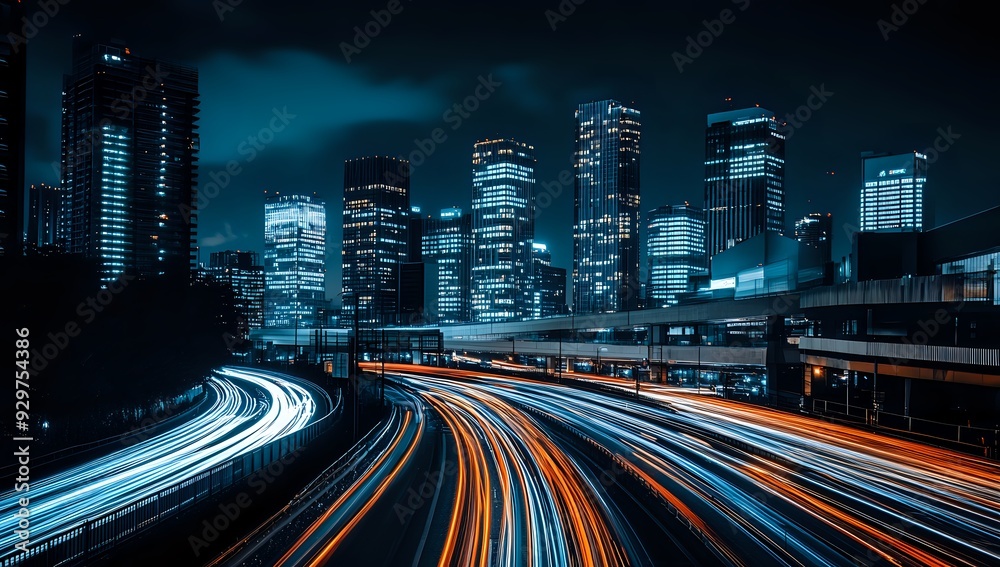 Fototapeta premium Nighttime Cityscape with Light Trails on a Busy Highway, Skyscrapers Illuminated by City Lights
