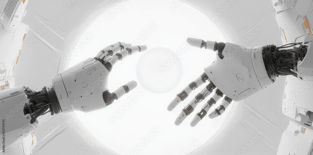 3D render of robotic arms holding a white circle on a grey background with geometric elements 3D render of robotic arms holding a white circle on a grey background with geometric elements