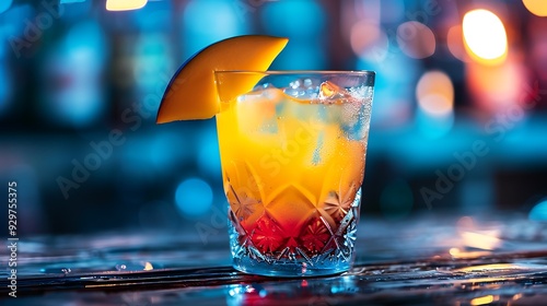 A vivid drink offered in a pretty glass with a mango slice around the rim