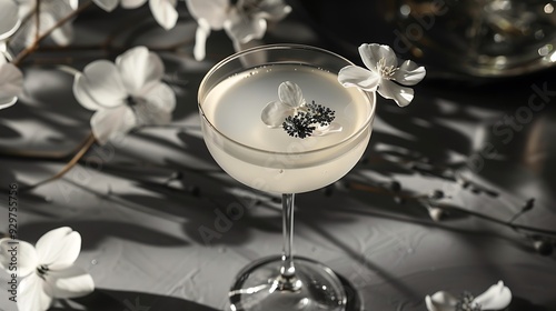 A vodka sour drink glass garnished with grey flowers