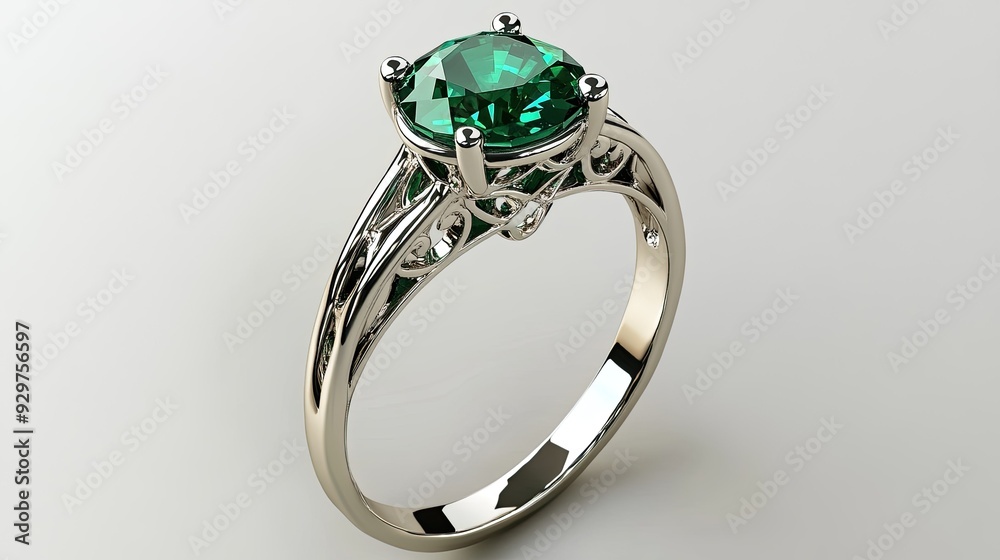 A beautiful green emerald ring on a white background A beautiful green emerald ring on a white background