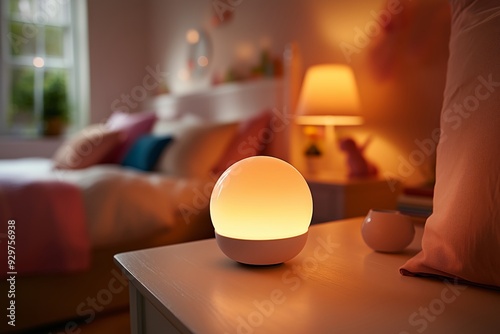 A warm and inviting bedroom scene featuring a glowing smart lamp on a bedside table.