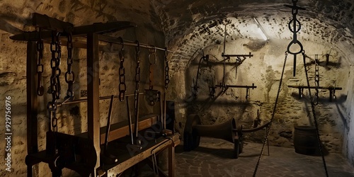 A medieval torture chamber filled with chilling instruments, depicting the dark and grim atmosphere of historical punishment photo