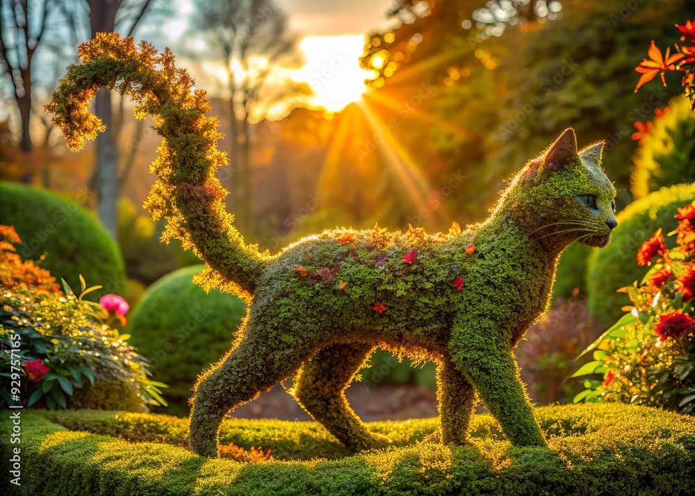 Vibrant leafy hedge sculpted into a whimsical cat stretching pose, showcasing intricate textures and nuanced color shifts under warm, soft afternoon illumination. Vibrant leafy hedge sculpted into a whimsical cat stretching pose, showcasing intricate textures and nuanced color shifts under warm, soft afternoon illumination.