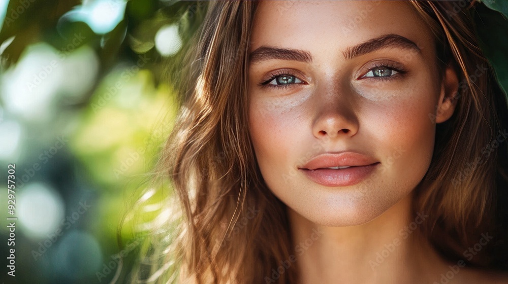 A beautiful woman with smooth, flawless skin and a relaxed expression, in a natural setting A beautiful woman with smooth, flawless skin and a relaxed expression, in a natural setting