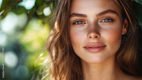 A beautiful woman with smooth, flawless skin and a relaxed expression, in a natural setting